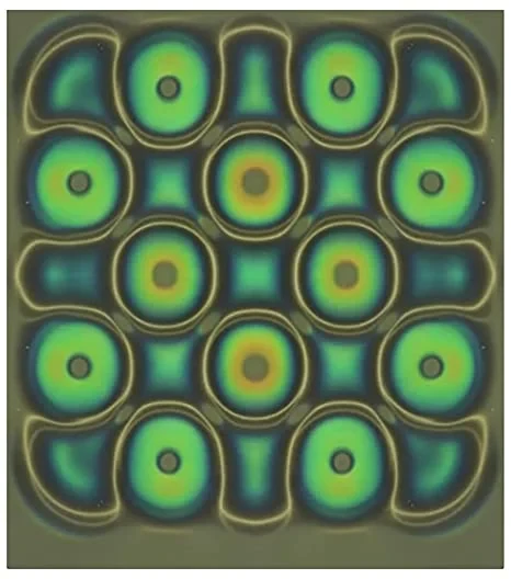 Folia MTX - kolorowy miernik pola magnetycznego - umieszczona nad 12 magnesami