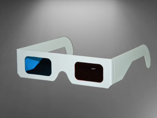 Okulary 3D - anaglifowe z białymi ramkami.