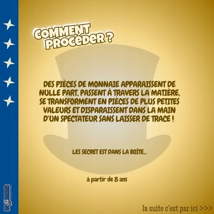 Jak wykonać sztuczkę? Monety pojawiają się znikąd, a następnie przenikają przez pudełko i zamieniają się w monety o innym nominale, by na końcu zniknąć bez śladu. Tajną instrukcję znajdziesz w pudełku.