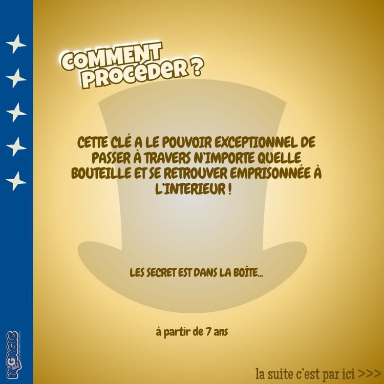 Jak wykonać sztuczkę? Załączony klucz ma wyjątkową moc przechodzenia przez szkło każdej butelki, żeby zostać uwięziony w jej wnętrzu. Tajną instrukcję znajdziesz w pudełku