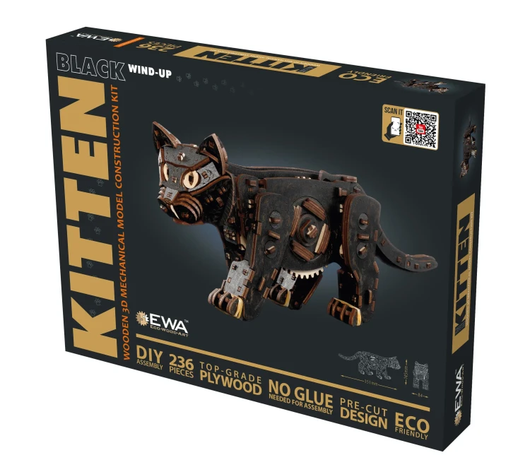 Drewniana figurka Kotek Czarny- mechaniczne puzzle 3d
