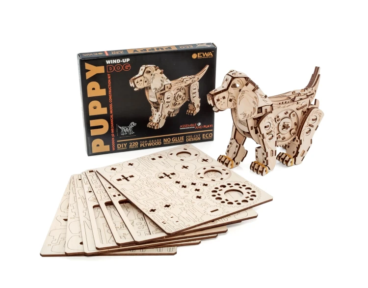 Drewniana figurka Szczeniak- mechaniczne puzzle 3d
