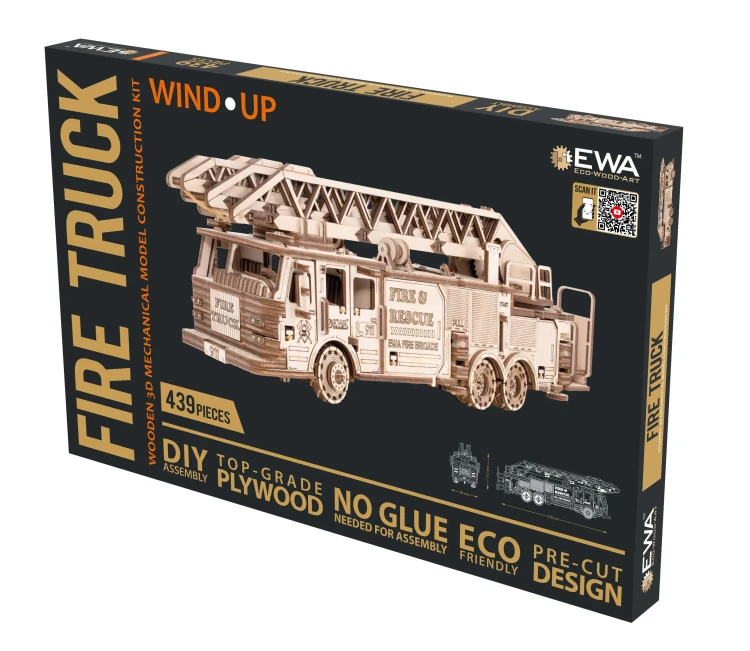 Wóz strażacki - drewniane, mechaniczne puzzle 3D