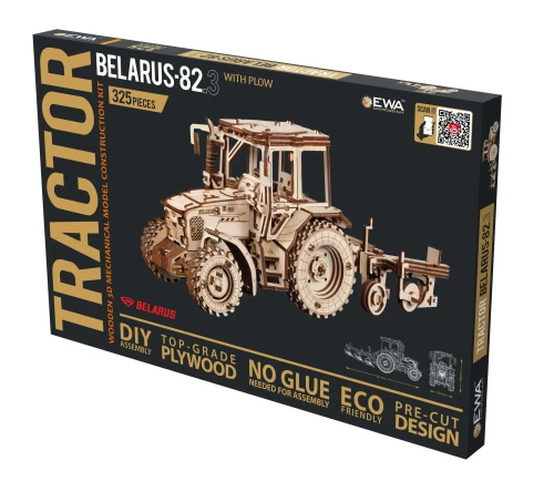 Traktor BELARUS-82.3 z pługiem- drewniane, mechaniczne puzzle 3D