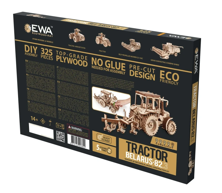 Traktor BELARUS-82.3 z pługiem- drewniane, mechaniczne puzzle 3D