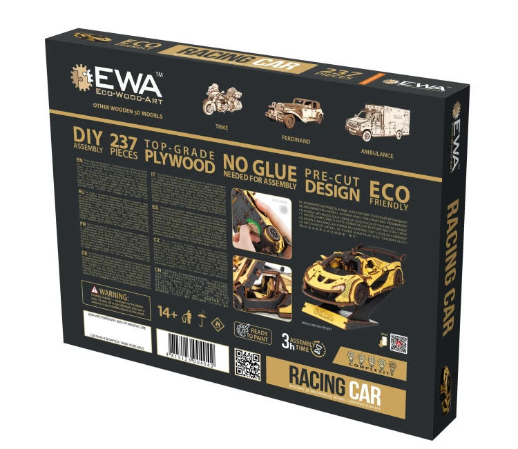 Samochód wyścigowy Racing Car Yellow- ruchome, drewniane, mechaniczne puzzle 3D