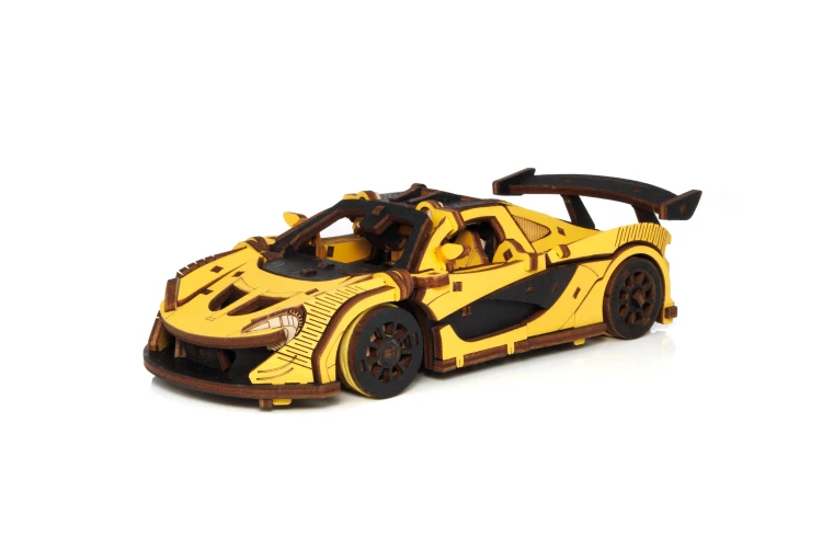 Samochód wyścigowy Racing Car Yellow- ruchome, drewniane, mechaniczne puzzle 3D