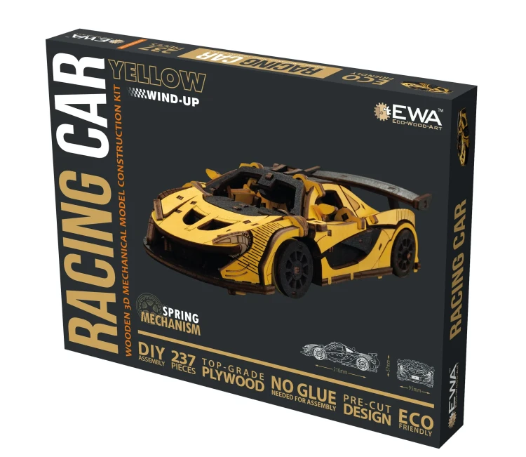 Samochód wyścigowy Racing Car Yellow- ruchome, drewniane, mechaniczne puzzle 3D